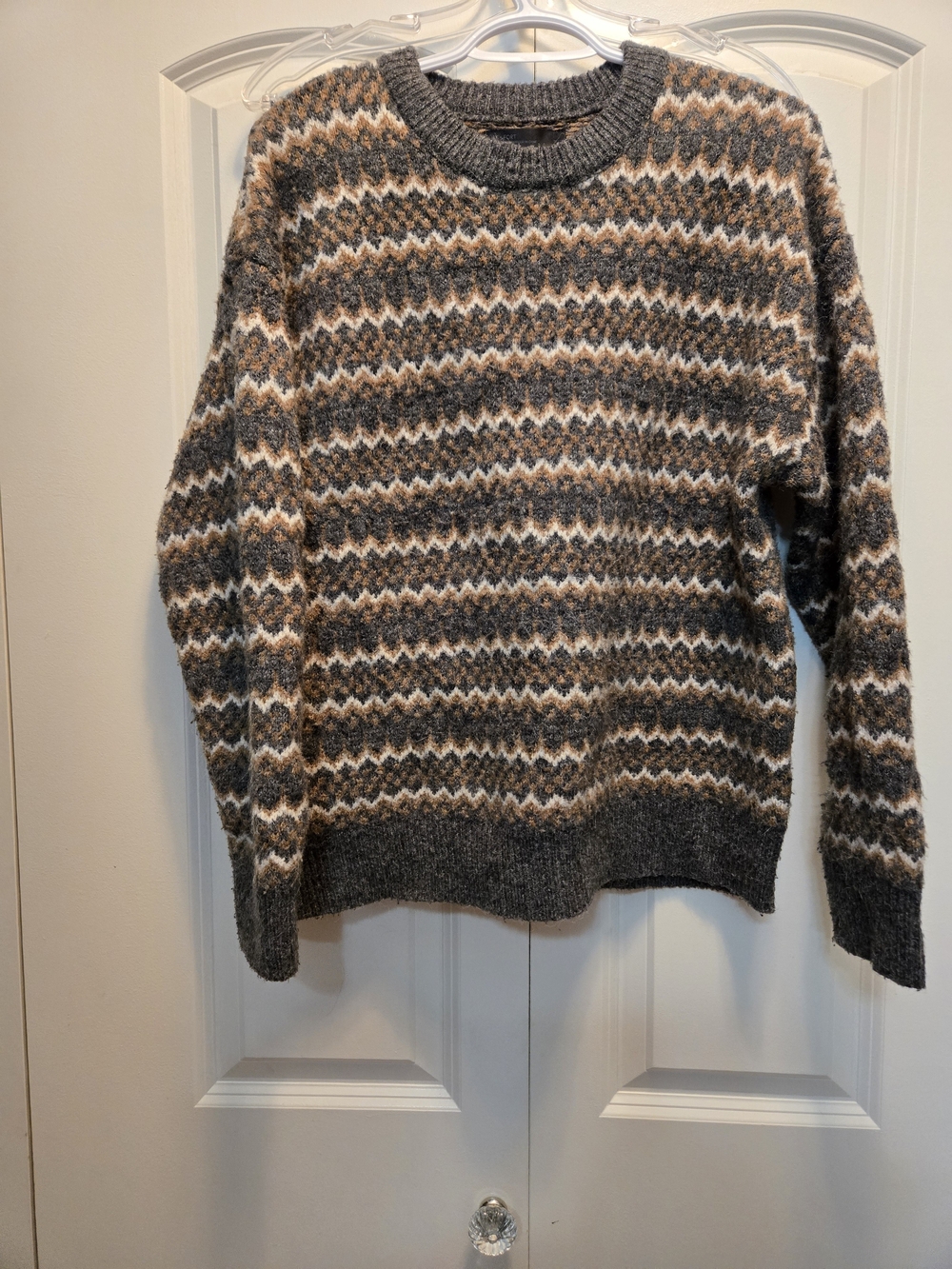 OAK + FORT Crewneck Fair Isle Sweater in Gray, Brown, and Cream